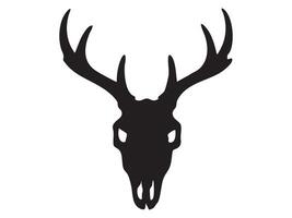 Black silhouette of deer skull with large branched antlers, isolated on white background, graphic illustration. Concept of wild animal skeleton, moose or roe deer skull, design element vector