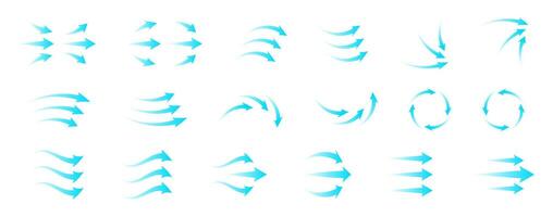 Modern air flow icon set with blue arrows and circular wave motion. Represents ventilation, filtration and purification system. Transparent symbols for HVAC home electronics infographic design vector