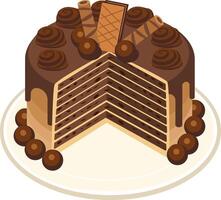 Chocolate cake slice with wafer on the top vector