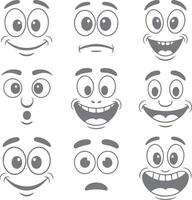 Nine Gray Cartoon Face Silhouettes Displaying Diverse Expressions Including Happy Surprised Sad and Excited Emotions Simple Illustrations vector