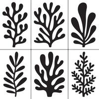 Six Black Silhouette Botanical Illustrations Organic Shapes Abstract Plant Forms Simple Minimalist Style Graphic Design Elements Set vector