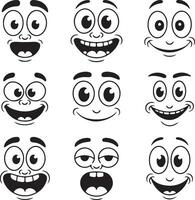 Nine Black and White Cartoon Face Silhouettes Displaying a Variety of Expressions Including Happy Surprised and Yawning vector