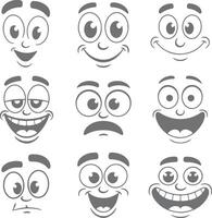 Nine Gray Cartoon Faces Showing Various Expressions Happy Surprised Sad Annoyed Smiling Wide Grinning Eyes Eyebrows Mouths Silhouette vector