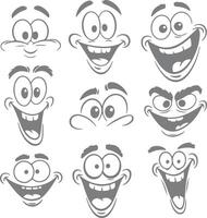 Nine Gray Scale Cartoon Faces with Varying Expressions Wide Eyes Big Smiles and Eyebrows Silhouette Style Illustrations vector