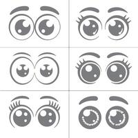 Six Pairs of Gray Cartoon Eyes Various Styles Eyebrow Shapes and Lashes Silhouette Design Elements for Animation or Graphic Design Projects vector