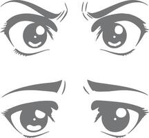 Four Gray Scale Anime Style Eye Silhouettes with Varying Expressions Showing Different Eyebrow Positions and Pupil Shapes vector