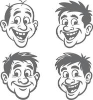 Four Gray Scale Cartoon Silhouettes of Happy Smiling Men with Varying Hairstyles and Expressions vector