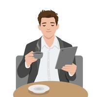 Man enjoys a peaceful coffee break while reading from a tablet, Smart casual attire at a cozy table. vector