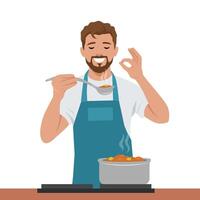 Chef in a blue apron enjoys tasting a freshly cooked meal, showing satisfaction OK hand gesture. vector