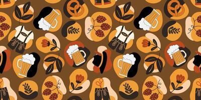 abstract oktoberfest seamless pattern with traditional elements like beer mugs pretzels lederhosen and hops on a brown background for german celebrations vector