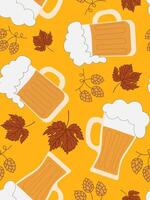 cozy autumnal seamless design featuring refreshing beer steins and vibrant maple leaves a warm and inviting print for rustic themes poster card vector