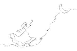 Woman reaching moon continuous single-line art drawing. Touching moon continuous outline background vector