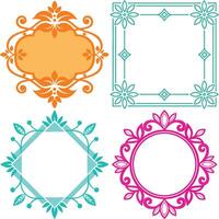 Four Floral Frames with Retro Outlines in Orange, Teal, and Fuchsia on White vector