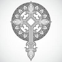 black linear ornamental cross with glory circle vector