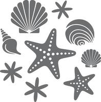 Gray Seashell and Starfish Silhouette Collection Ocean Theme Nautical Decor Coastal Design Elements Simple Flat Graphic vector