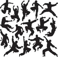 Collection of Black Silhouettes of Martial Artists Performing Dynamic Jumps and Kicks White Background vector