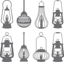 Eight Gray Silhouette Oil Lamps and Lanterns Hanging and Standing Various Styles and Designs vector
