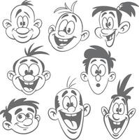 Eight Gray Cartoon Faces Diverse Expressions Happy Smiling Surprised Silly Playful Childish Characters Silhouette Style Illustration Set vector