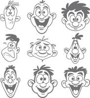 Nine Gray Scale Cartoon Faces Diverse Expressions Happy Sad Silly Silhouette Style Illustrations Set vector