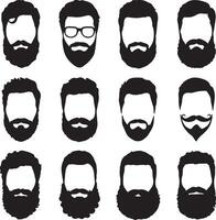 Twelve Black Silhouette Icons of Men with Various Hairstyles and Beard Styles Including Full Beards Goatees and Mustaches vector