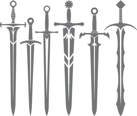 Five Gray Medieval Sword Silhouettes Various Designs Fantasy Weaponry Collection Game Asset App Icon Graphic Design Element
