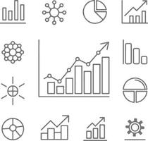 Gray Scale Line Art Icons Set Featuring Bar Charts Pie Charts Network Diagrams and Upward Trending Graphs Business Data Visualization Silhouette vector