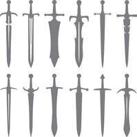 Twelve Gray Sword Silhouettes Various Designs Medieval Weaponry Collection Different Styles Fantasy Game Assets Graphic Elements vector
