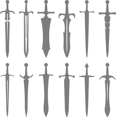 Twelve Gray Sword Silhouettes Various Designs Medieval Weaponry Collection Different Styles Fantasy Game Assets Graphic Elements