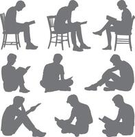 Nine Gray Silhouettes of People Reading Books and Tablets in Various Seated Positions Some Sitting in Chairs Others on the Floor vector