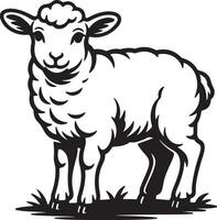 Black and White Silhouette of a Lamb Standing in Grass a Simple Line Art Style Illustration of a Young Sheep vector