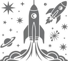 Grey Silhouette Rockets Launching into Space with Stars and Planets Simple Space Illustration vector