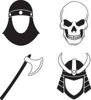 Black and White Silhouettes of Medieval Helmet Viking Axe Samurai Helmet and Skull Graphic Design Elements vector