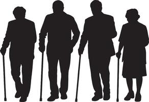 Four Black Silhouettes of Elderly People Walking with Canes Against a White Background a Simple Graphic Representation of Aging and Mobility vector