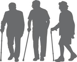 Three Gray Silhouettes of Elderly People Walking with Canes Against a White Background Senior Citizens Walking Aid Support Elderly Care vector