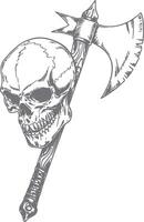 Grey Scale Hand Drawn Illustration of a Human Skull and a Battle Axe with a Wooden Handle Wrapped in Cordage the Skull is Positioned Behind the vector