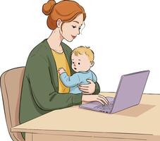 Mother working on laptop while holding baby at desk in home office environment vector
