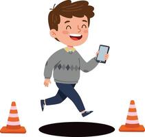 Boy running while smiling holding smartphone near construction cones and black hole illustration vector