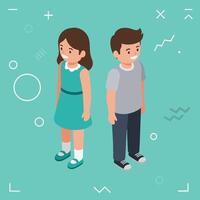 Children standing together smiling boy and girl in casual clothes illustration with teal background vector