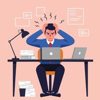 Stressed businessman sitting at office desk working on laptop with papers and lamp illustration vector