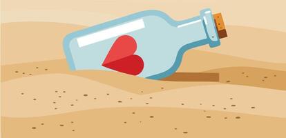 Message in a Bottle with Red Heart on Sandy Beach Illustration Romantic Love Concept vector