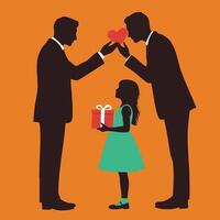 Silhouette of Girl Giving Gift to Two Men in Suits with Heart Symbol on Orange Background Illustration vector