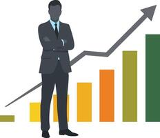 Businessman standing in front of ascending bar graph with arrow showing growth and success in corporate environment vector