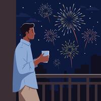 Man watching colorful fireworks holding a cup on balcony at night illustration vector