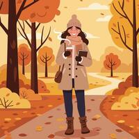 Woman enjoying warm drink and reading book during autumn walk in park with orange and yellow trees illustration vector