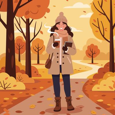 Woman enjoying warm drink and reading book during autumn walk in park with orange and yellow trees illustration