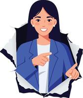 Businesswoman in blue jacket pointing through torn paper hole illustration with smiling expression vector