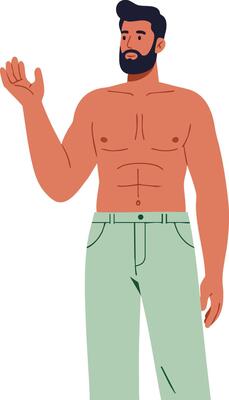 Shirtless muscular man with beard waving hand casual gesture illustration