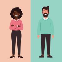 Diverse young man and woman standing confidently in casual clothing with smiling expressions and simple flat design illustration vector