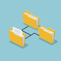 Yellow folder file organization concept with connected document structure on blue background illustration vector