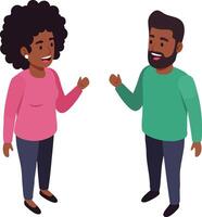 Two people having conversation in casual clothes illustration with diverse characters smiling and gesturing vector
